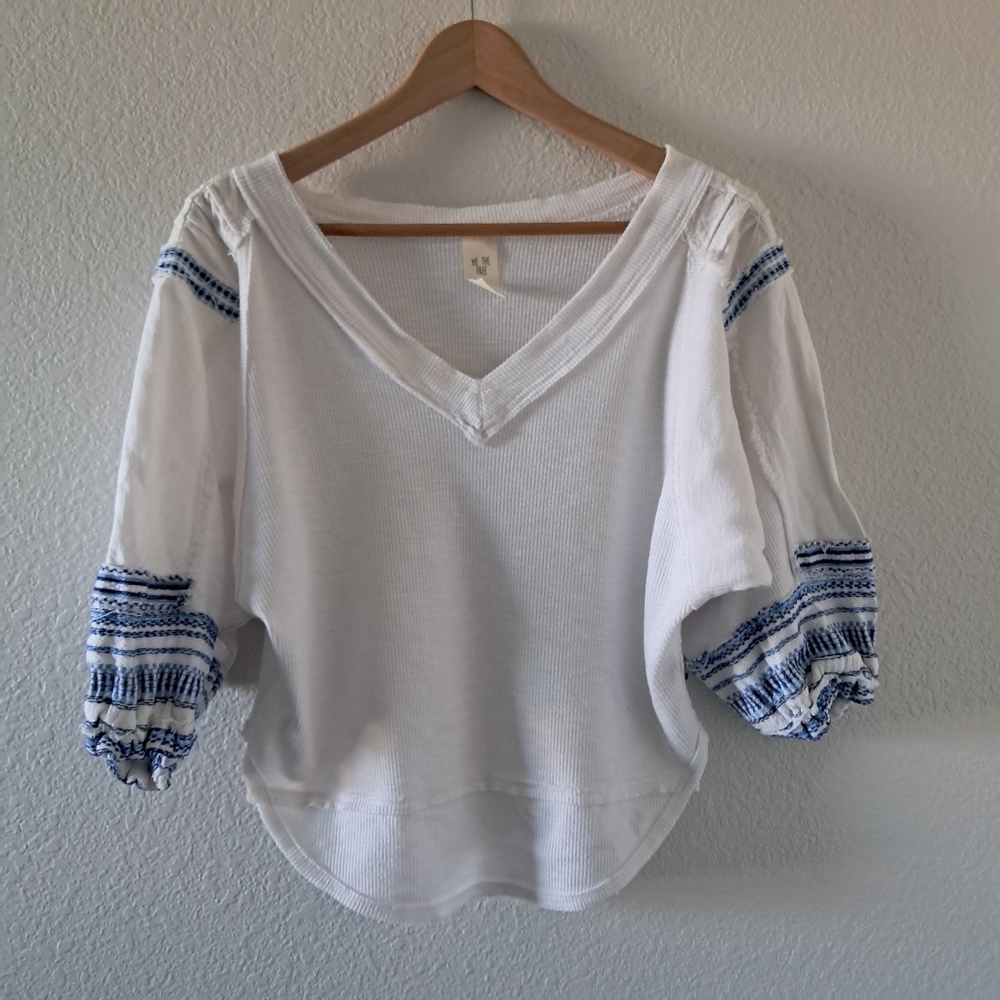 Free People Bubble Thermal Top Linen White Blue Size XS Waffle Boho Peasant